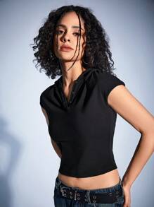 Forever 21 女式鋸齒下擺連帽短t恤 - 黑色 - 查看 3