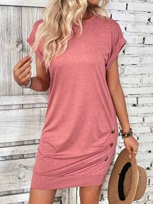 SHEIN LUNE Women's Batwing Short Sleeve Round Neck Dress - Rusty Rose - View 3