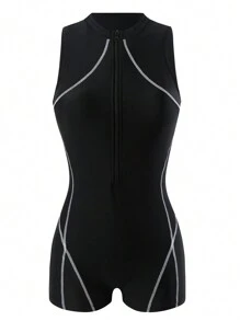 Swim SPRTY 女款拼色側縫前拉鍊連身泳衣嘉年華 - 黑色 - 查看 1