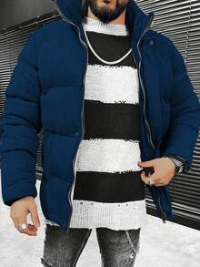 Loose Fit Men's Solid Color Stitching Casual Fashion Padded Coat - Blue - View 4