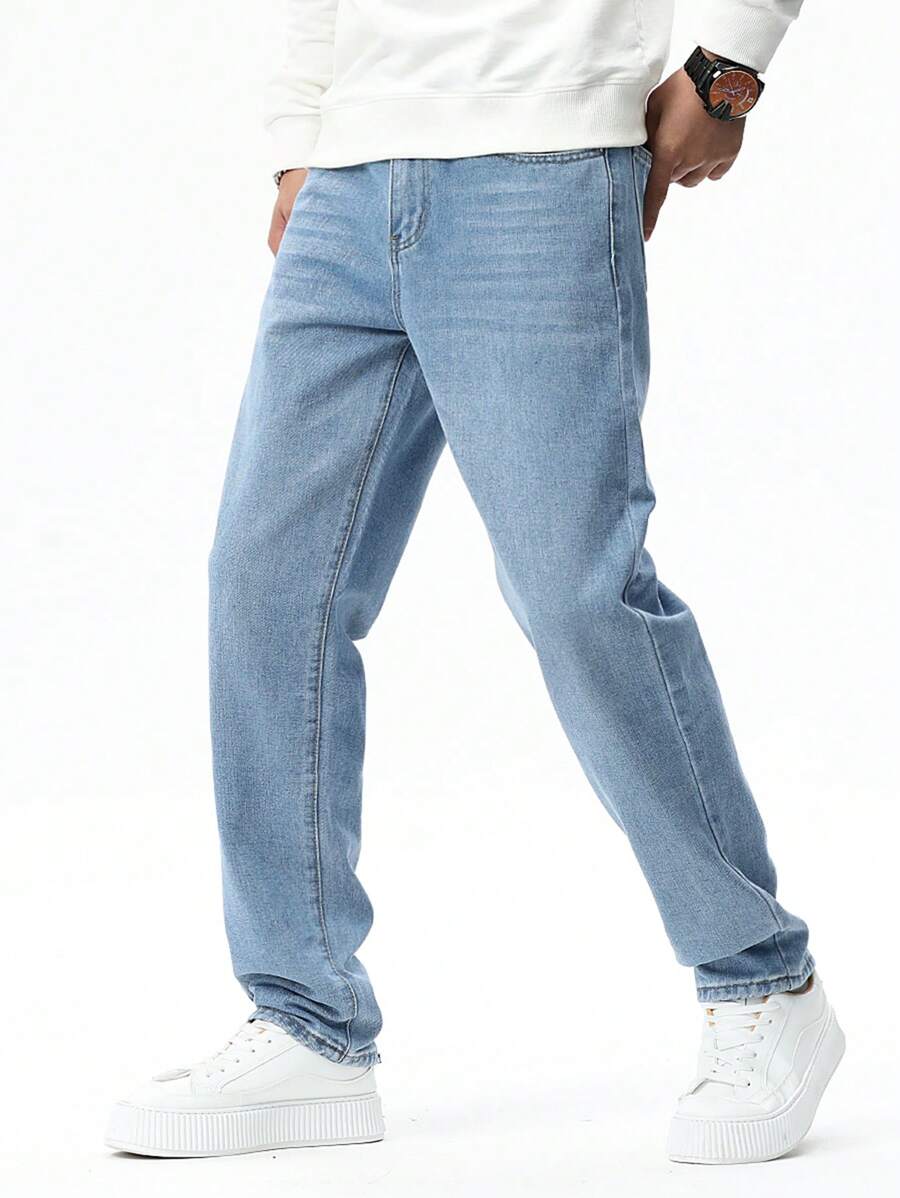Manfinity Hypemode Men's Straight Leg Jeans With Washed Finish Long Light Jean Cargo Plain Blue Going Out Basic Friends