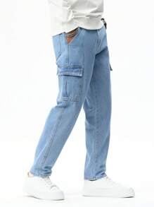 Manfinity Hypemode 男士宽松蓝色牛仔裤，纯色长直筒工装浅蓝色洗水工装牛仔裤，适合丈夫、男朋友的礼物 - 淺色水洗藍 - 查看 6