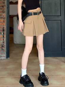 High Waisted Pleated Skirt With Large Pockets - Khaki - View 5