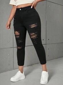 SHEIN ICON Blugi skinny Capri, cu talie înaltă, cu talie înaltă - Negru - Vizualizare 4