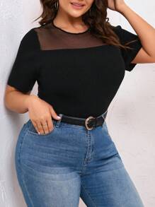 SHEIN Clasi Blusa Corta De Manga Corta De Talla Grande Para Mujeres Con Panel De Malla - Negro - Ver 5