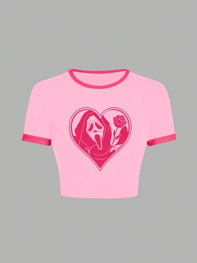SHEIN EZwear Camiseta de manga corta, cuello redondo, ajuste ceñido con estampado de calabaza que grita y rosa, adecuada para el verano para mujer