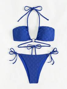 SHEIN Swim Bộ bikini xẻ tà cổ yếm họa tiết dành cho nữ Lễ hội âm nhạc Bãi biển mùa hè - Màu xanh lam - Xem 3