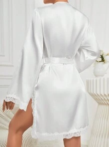 Ladies' Lace Patchwork Belted Robe With Ribbon - White - View 2
