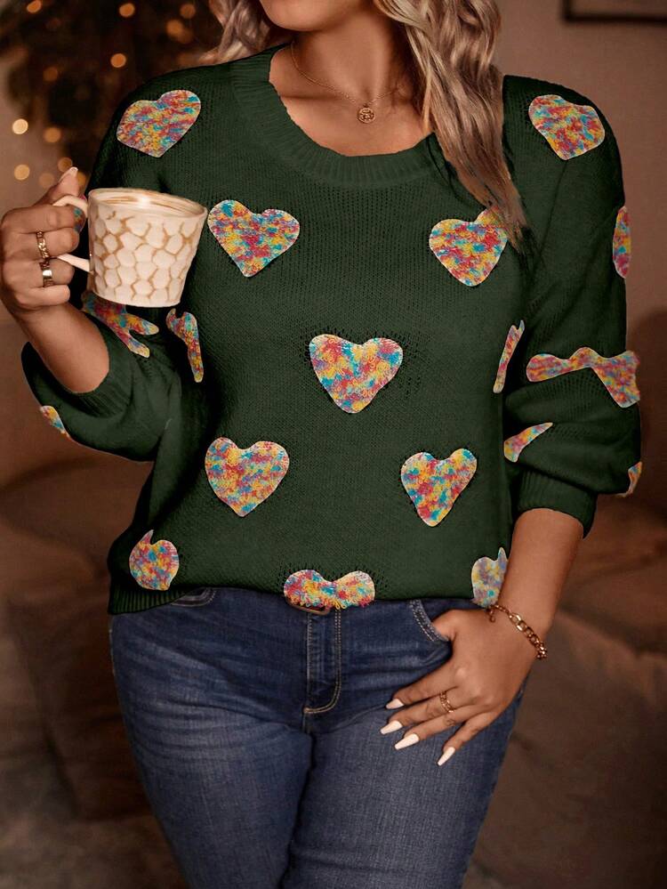 Plus Size Heart Pattern Drop Shoulder Sweater Knit Pullover Fall Winter