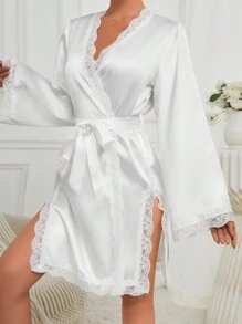 Ladies' Lace Patchwork Belted Robe With Ribbon - White - View 5