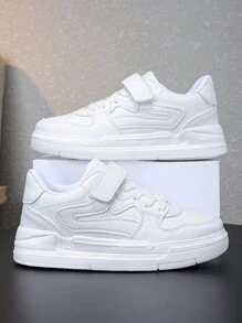 儿童春秋季纯色学生风易穿厚底运动鞋，采用松紧带魔术贴设计，可调节，方便穿脱，适合日常穿搭，白色运动鞋/休闲鞋 - 白色 - 查看 2