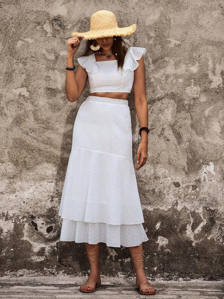 Ladies' Plain Color Ruffle Detail Decorated Casual Two Piece Set