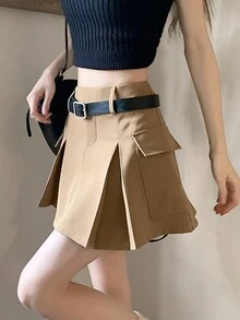 High Waisted Pleated Skirt With Large Pockets - Khaki - View 4