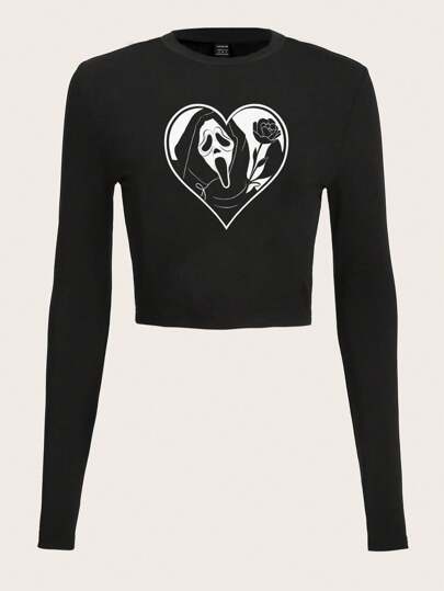 SHEIN EZwear Camiseta de manga larga ajustada con gráficos de corazón, grito y calavera, casual para mujer, adecuada para primavera y otoño