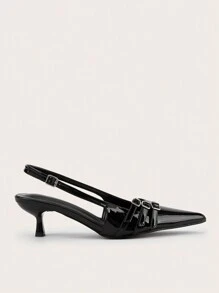 Sexy Black Patent Leather Pointed Toe High Heels With Thin Heel And Metal Buckle For Wedding & Party