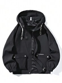 Men's Casual Zipper Up Drawstring Hooded Jacket For Spring/Autumn, Breathable - Black - View 1