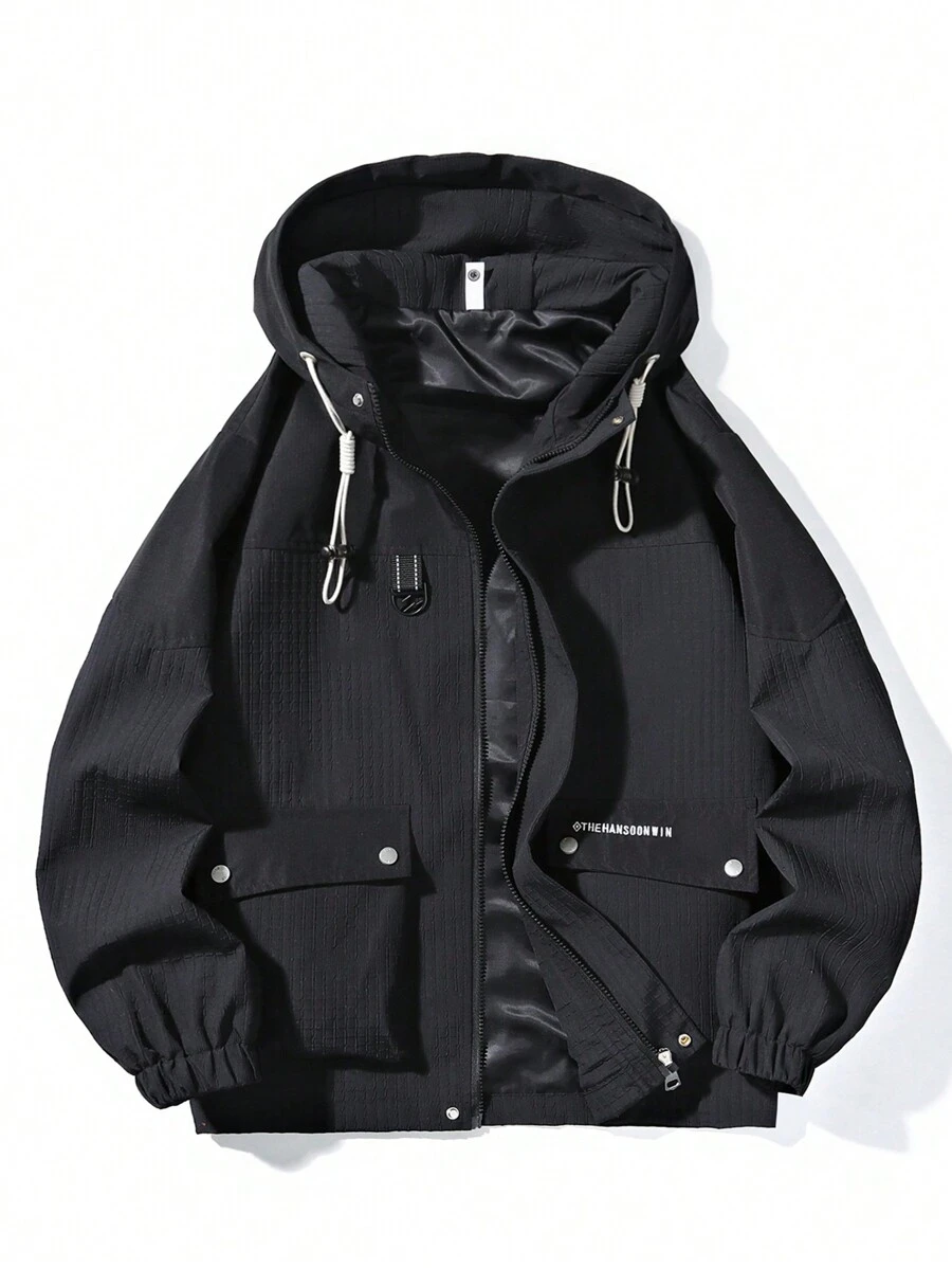 Men's Casual Zipper Up Drawstring Hooded Jacket For Spring/Autumn, Breathable - Black - View 1