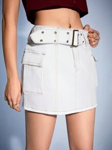 Forever 21 Y2k Lässiger Weißer Skinny Denim Minirock Mit Niedriger Taille - Weiss - Übersicht 2