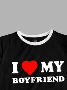 SHEIN EZwear 女士休闲“我爱我的男朋友”拼色修身短袖 T 恤，适合夏季 - 黑與白 - 查看 4