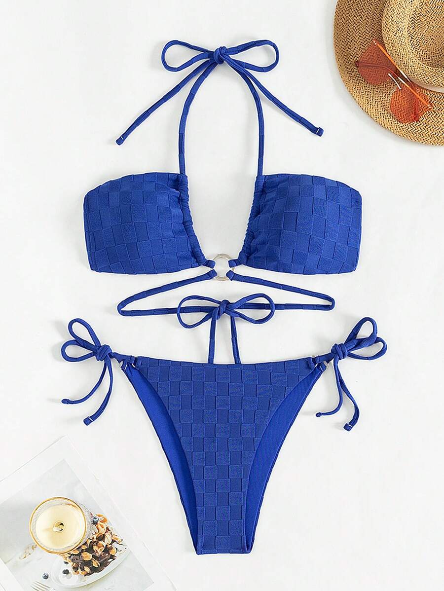 SHEIN Swim Bộ bikini xẻ tà cổ yếm họa tiết dành cho nữ Lễ hội âm nhạc Bãi biển mùa hè - Màu xanh lam - Xem 1