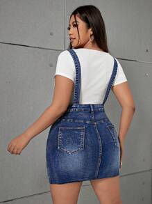 SHEIN EZwear Kích thước lớn Co giãn Gợi cảm Denim Overall Đầm Mini In Xanh - Màu xanh lam - Xem 2