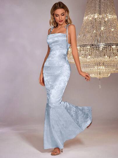PARTHEA Backless Crisscross Tie Up Jacquard Satin Long Dress