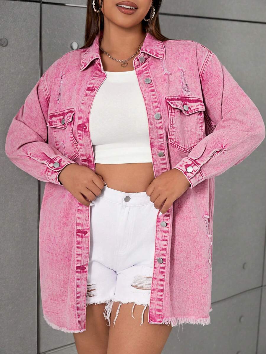 SHEIN EZwear Áo khoác denim hồng ngày lễ tình nhân phong cách Y2k cỡ lớn, làm bằng - Hồng - Xem 1