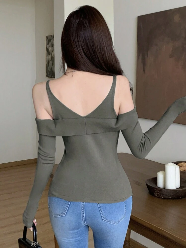 Solid Color Open Shoulder Long Sleeve Slim Fit V-Neck Women's Cardigan,Fall Clothes