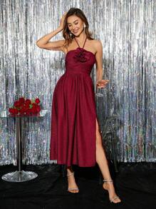 Aveloria Ladies' Red Halter Neck Sleeveless Dress Semi Formal Dress - Red - View 3