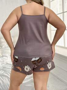 SHEIN Conjunto De Pijama Para Mujeres De Talla Grande Con Diseño De Camiseta De Tirantes Y Pantalones Cortos Con Estampado De Vasos De - Marrón - Ver 2