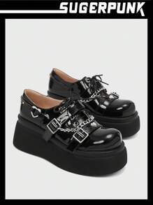 Sugerpunk Rock Phong cách Màu bạc Chuỗi Gothic Thời trang Dày Đế Giày dép - màu đen - Xem 8