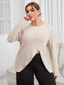 SHEIN Essnce Camiseta Casual De Manga Larga Y Talla Grande Para Mujer Con Diseño De Abertura Frontal Elegante De Color Albaricoque