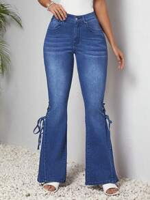 SHEIN LUNE Tie Waist Flared Denim Pants - Blue - View 6