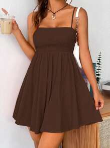SHEIN EZwear Vestido De Tirantes Con Pliegues Sólidos Para Mujeres - Marrón - Ver 4