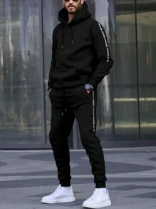 Manfinity Homme Nam Lá thư In áo có mũ Dây rút Áo nỉ Và Quần Bộ - màu đen - Xem 1