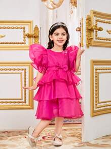 SHEIN Leap Crew Young Girls' Casual Ruffle Hem A-Line Dress - Hot Pink - View 7