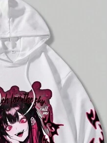 ROMWE MEN Anime 男款 2000 世紀卡通人物與字母印花連帽衫 - 白色 - 查看 4