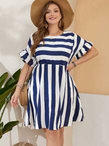 EMERY ROSE Summer Pride Outfits Striped Plus Size Off Shoulder Dress - Blue and White - View 3