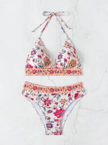 SHEIN Swim Conjunto de bikini con cuello de halter y estampado floral para mujer, nuevo para el verano y el año nuevo