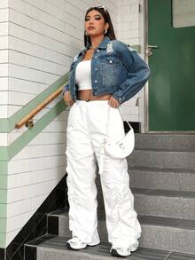 SHEIN EZwear Kích thước lớn Của phụ nữ Đau khổ Nút-Mặt trước Áo khoác denim Với Patch Túi - Rửa tối - Xem 5