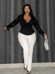 Slaydiva Plus Size Women's Mesh Panel Rhinestone Embellished Long Sleeve Top - Black - View 3