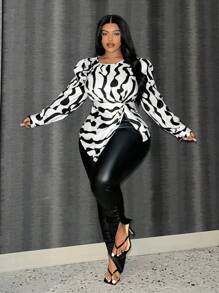Slaydiva Plus Size Women's Asymmetrical Hem Twist Waist Artistic Abstract Stripe Print Long Sleeve Blouse, Suitable For Party & Elegant Commuting, Black & White - Multicolor - View 4