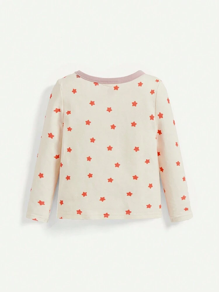 Baby Girl Snug Fit Pajamas Set, Cartoon Printed Colorblock Round Neck Pullover Top With Footed Pants, 4pcs