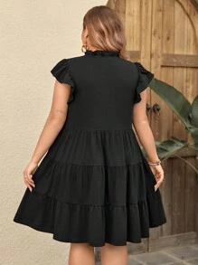 SHEIN LUNE Plus Size Women's Short Flutter Sleeve Tie-Neck Dress - Black - View 3