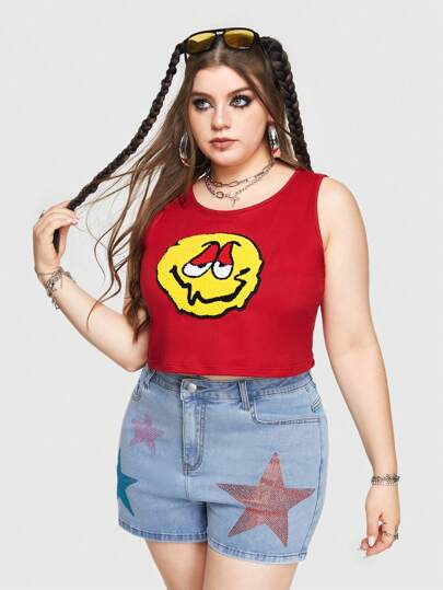 Street Life Canotta con motivo grafico di asciugamano ricamato dallo stile stradale per l\"estate per donne di taglie forti