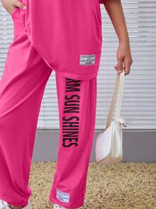 Tween Girls寬鬆版復古圓領字母印花t恤和褲子套裝 - 玫紅色 - 查看 3