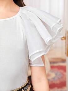 SHEIN Tween Girls' Loose And Cute Round Neck Ruffle Hem T-Shirt & Flower Printed A-Line Skirt Set - Black - View 5