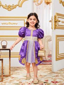 SHEIN Vestido de línea A de bloques de color hermosos para niña joven con detalles de parche - Morado - Ver 1
