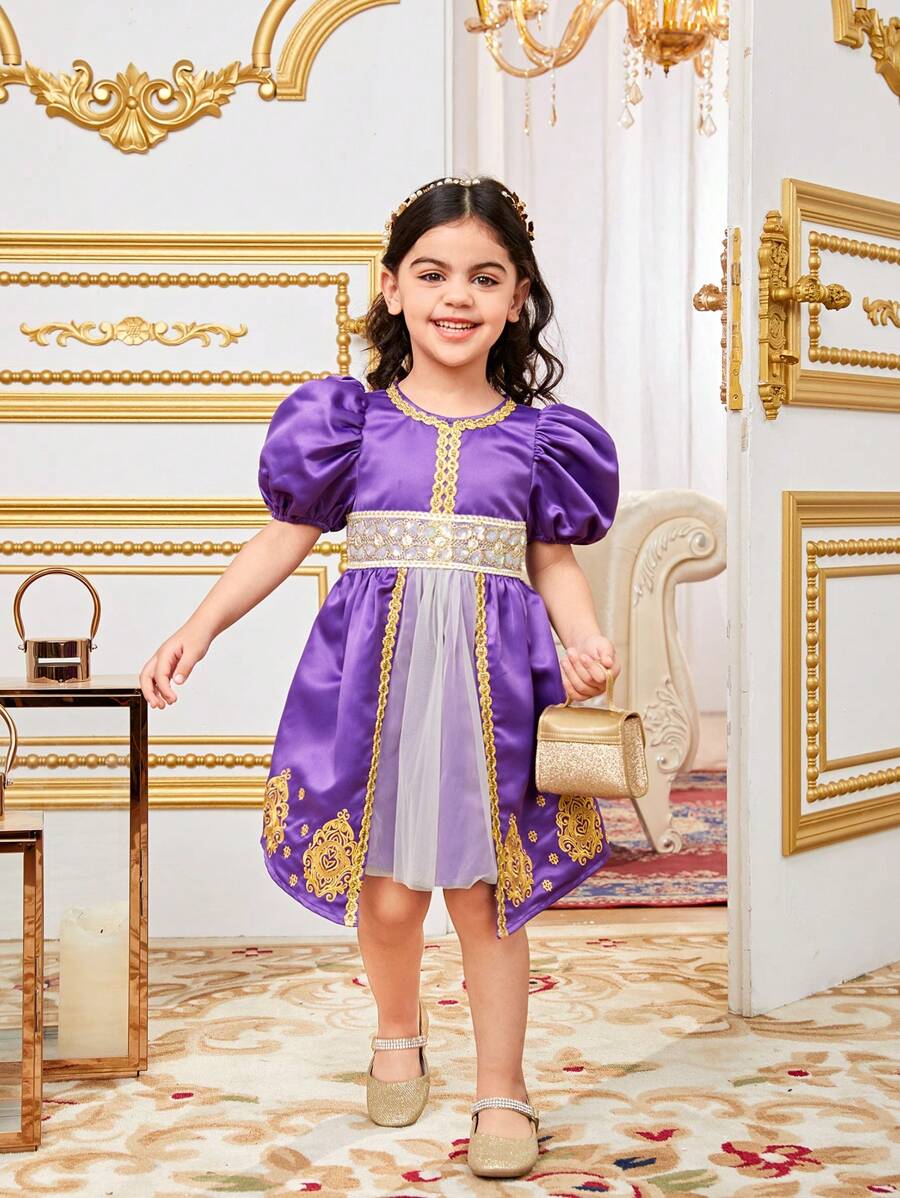 SHEIN Vestido de línea A de bloques de color hermosos para niña joven con detalles de parche - Morado - Ver 1