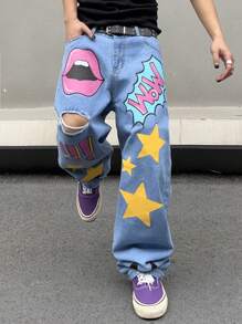 Manfinity Roghcode Men's Distressed Jeans With Lips, Stars, And Letter Print, Graphic Wide Jeans Long Baggy Royal Blue Cartoon Washed Cargo Jeans, For Husband, Boyfriend Gifts - Blue - View 4